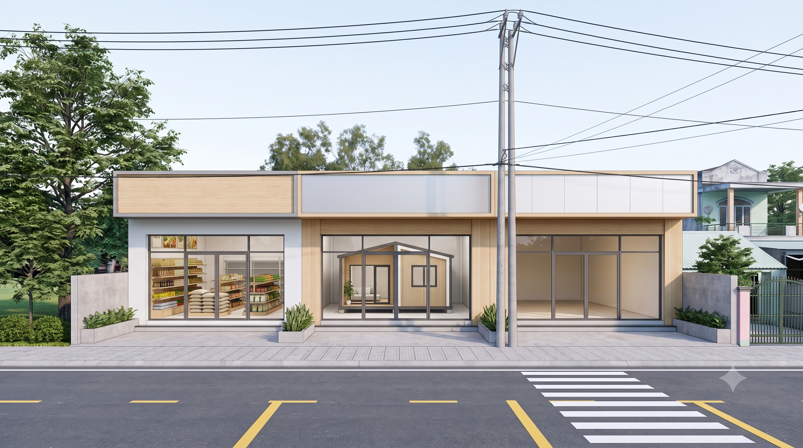Phối cảnh chính diện: cửa hàng Gạo và Thực phẩm bên trái, showroom Nam Việt Build ở giữa, gian dự phòng bên phải